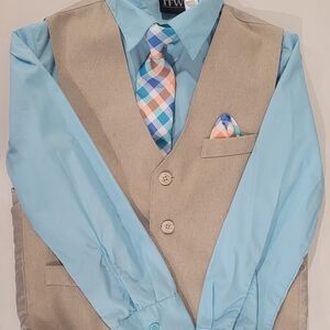 Beige Vest with Blue Shirt and Multicolor Tie